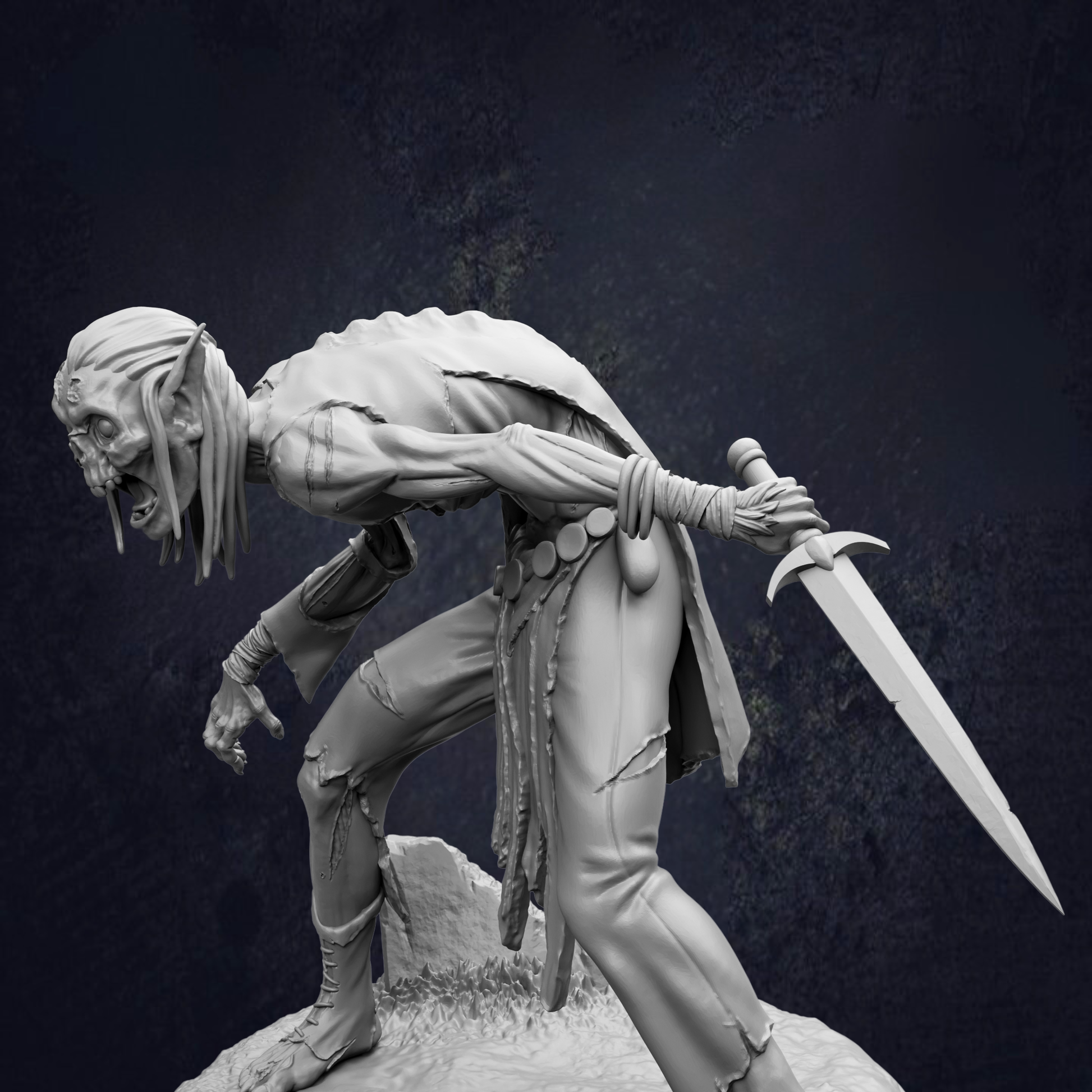 A detailed 3D model of a menacing-looking monster or creature, with sharp teeth and claws, holding a large sword in its right hand.