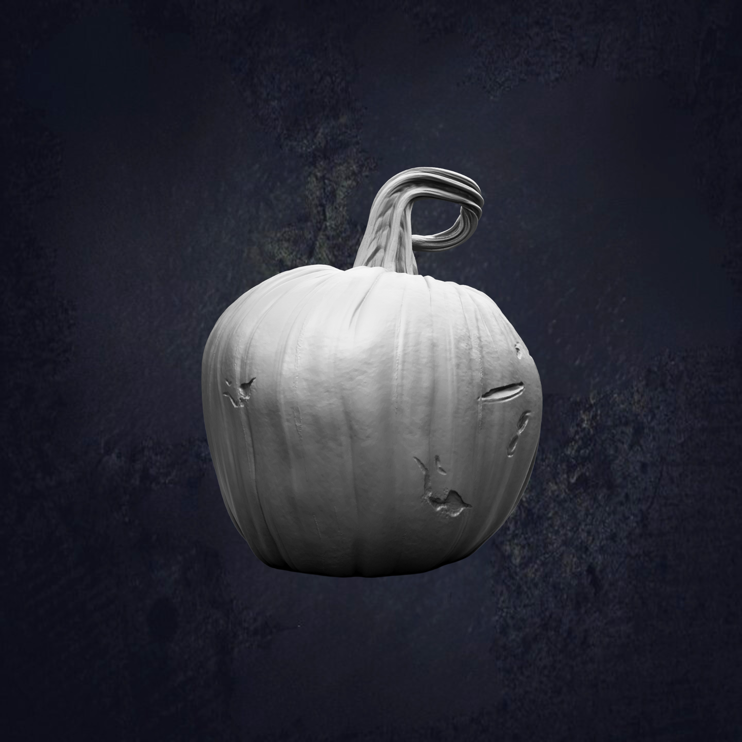 A white pumpkin with a carved face is shown against a dark background.