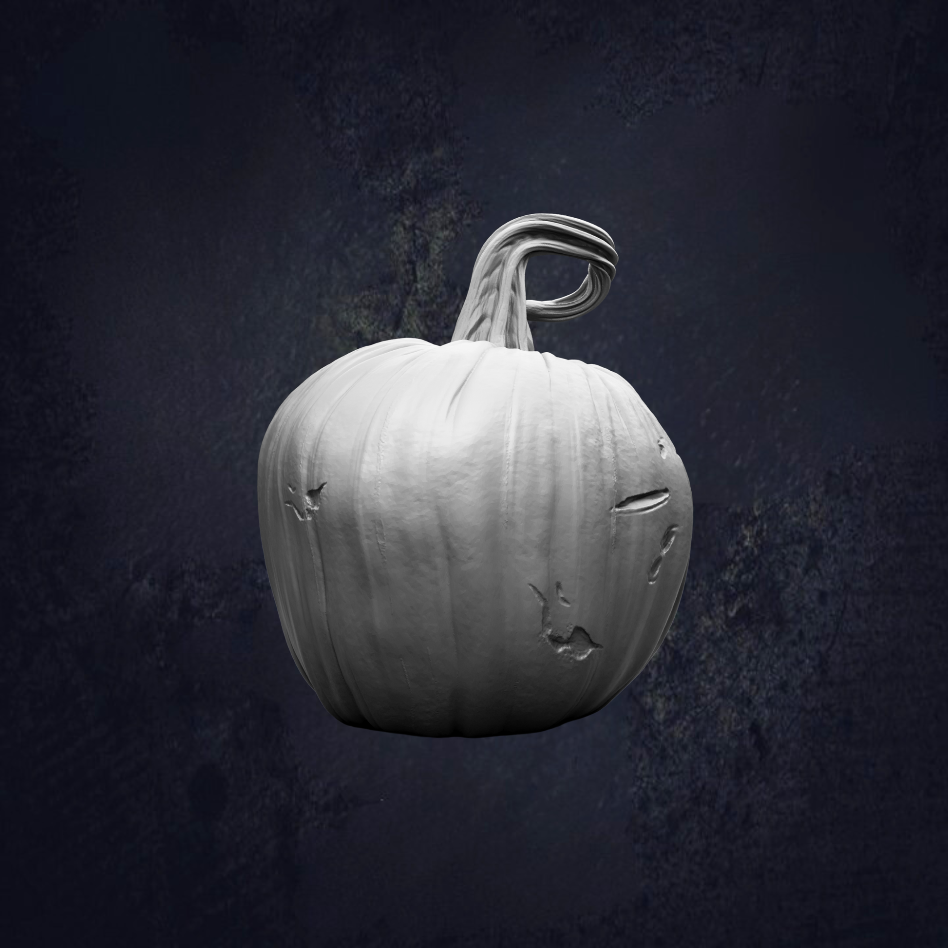 A white pumpkin with a carved face is shown against a dark background.