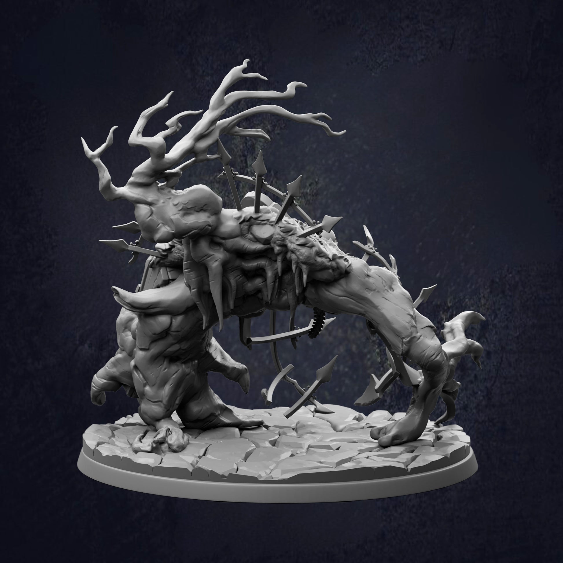 A detailed 3D rendering of a fantastical creature with intricate, organic features and a complex, tangled structure.