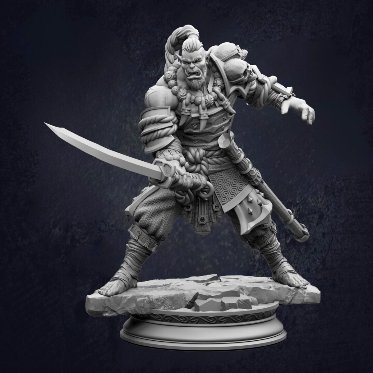 A detailed 3D model of a warrior figure wielding a sword and shield, standing on a rock base.