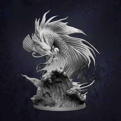 Front view of the Koi Dragon Gargantuan Ancient Water Dragon D&D RPG miniature, showing a serpentine dragon with flowing fins, whiskers and detailed scales rising from a rocky ocean base. 166mm tall on a 100mm base. Requires assembly.