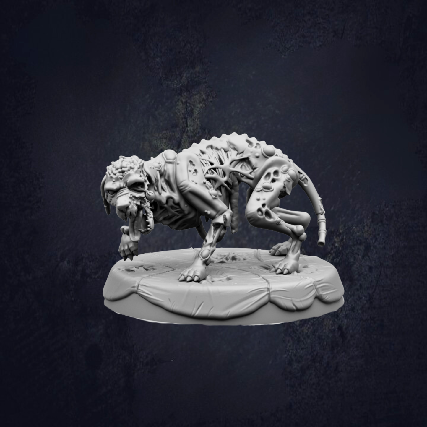 A 3D rendering of a skeletal, twisted, and distorted creature resembling a monster or a skeletal animal, standing on a platform against a dark background.