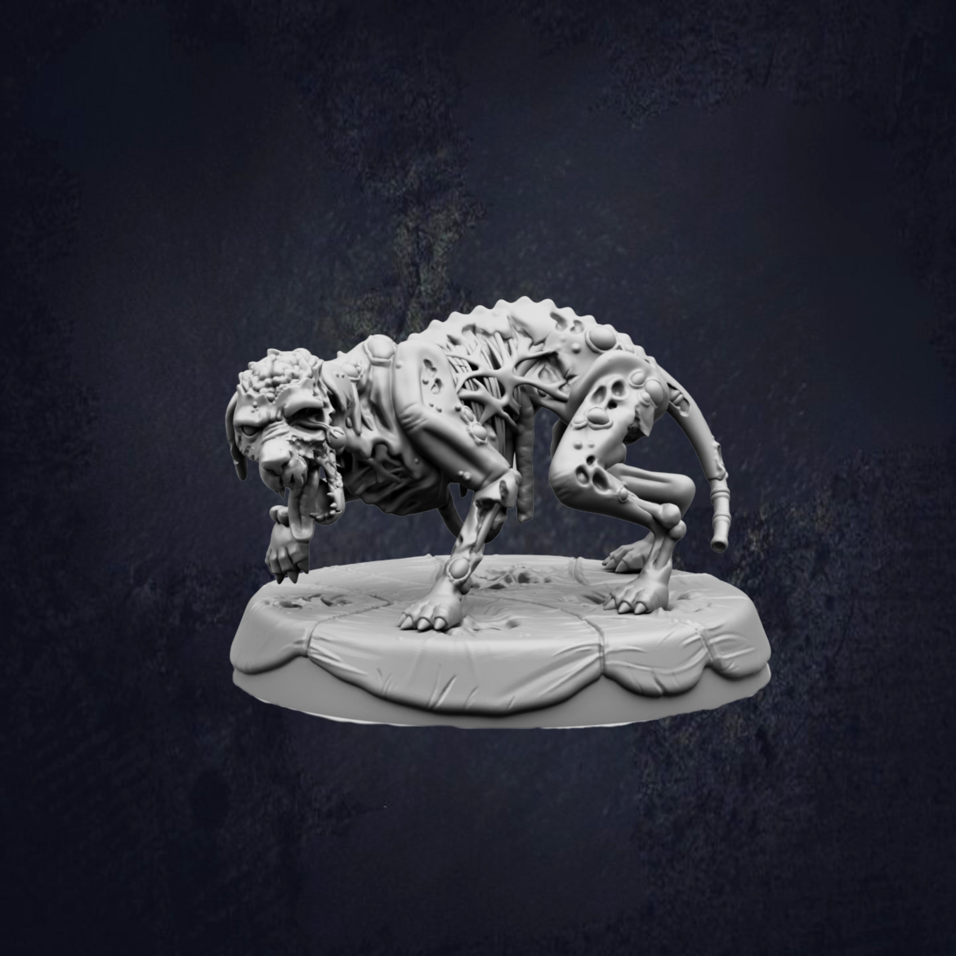 A 3D rendering of a skeletal, twisted, and distorted creature resembling a monster or a skeletal animal, standing on a platform against a dark background.