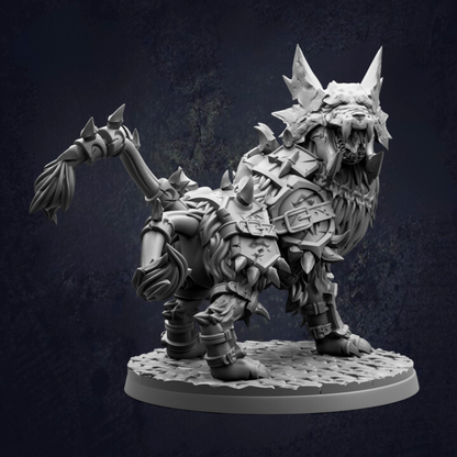 A detailed 3D model of a fierce-looking monster or dragon-like creature with sharp teeth and claws, standing on a platform against a dark background.