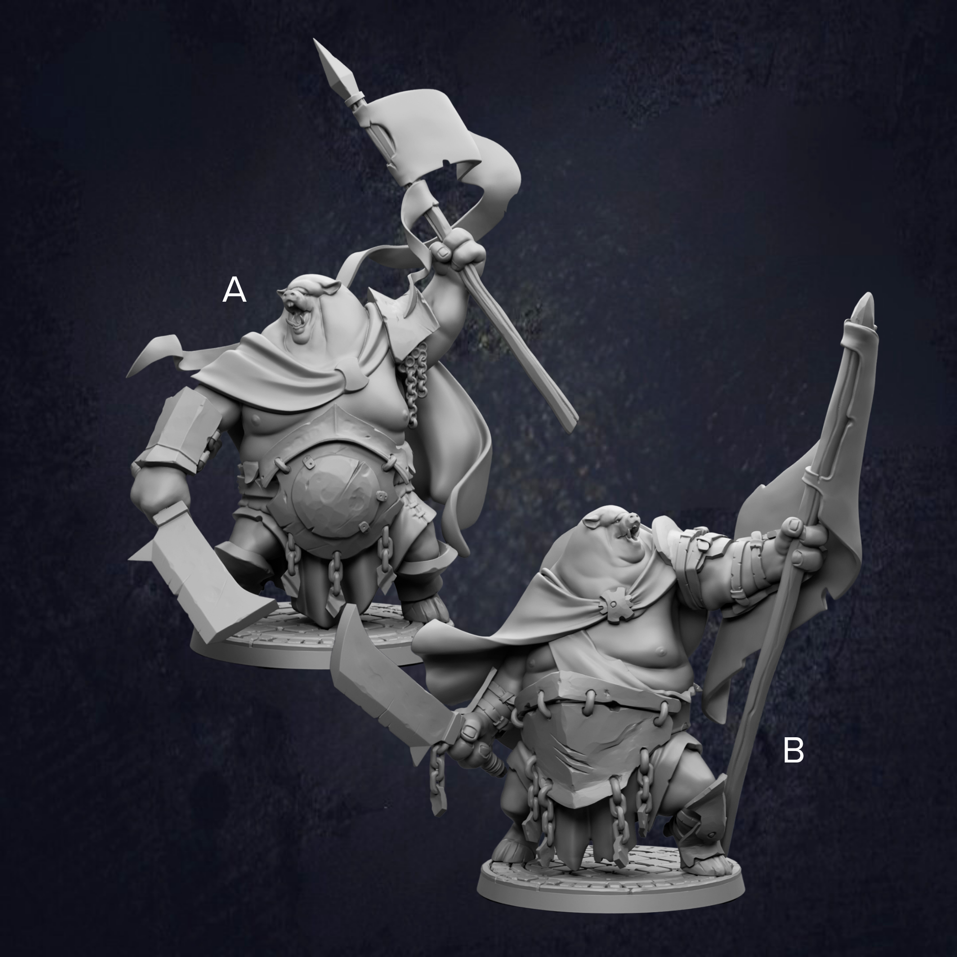 two 3D models of fantastical creatures, each holding a weapon and standing on a platform.