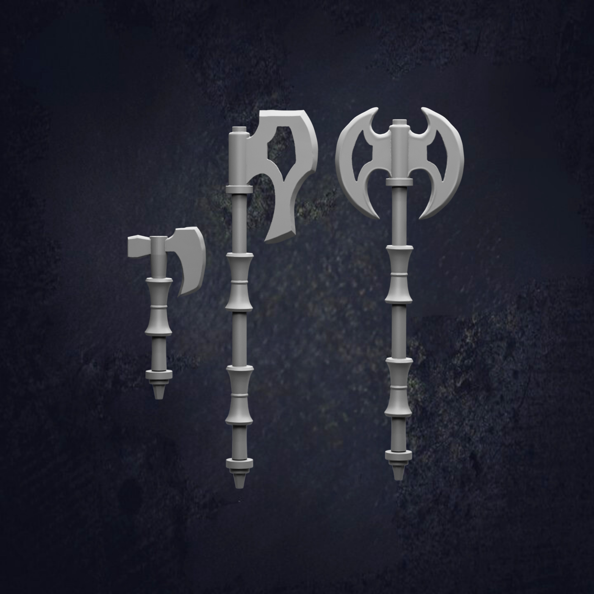 Three white metal axes with curved blades are displayed against a dark background.