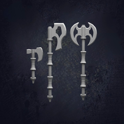 Three white metal axes with curved blades are displayed against a dark background.