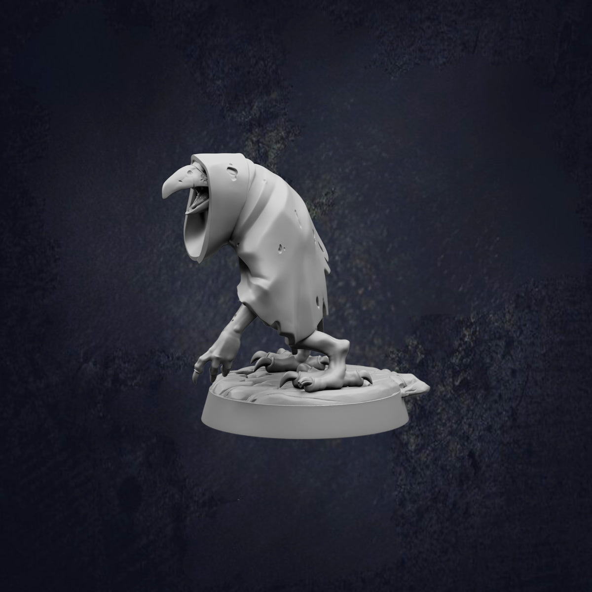 A 3D rendering of a bird-like creature with an open beak, standing on a base against a dark background.