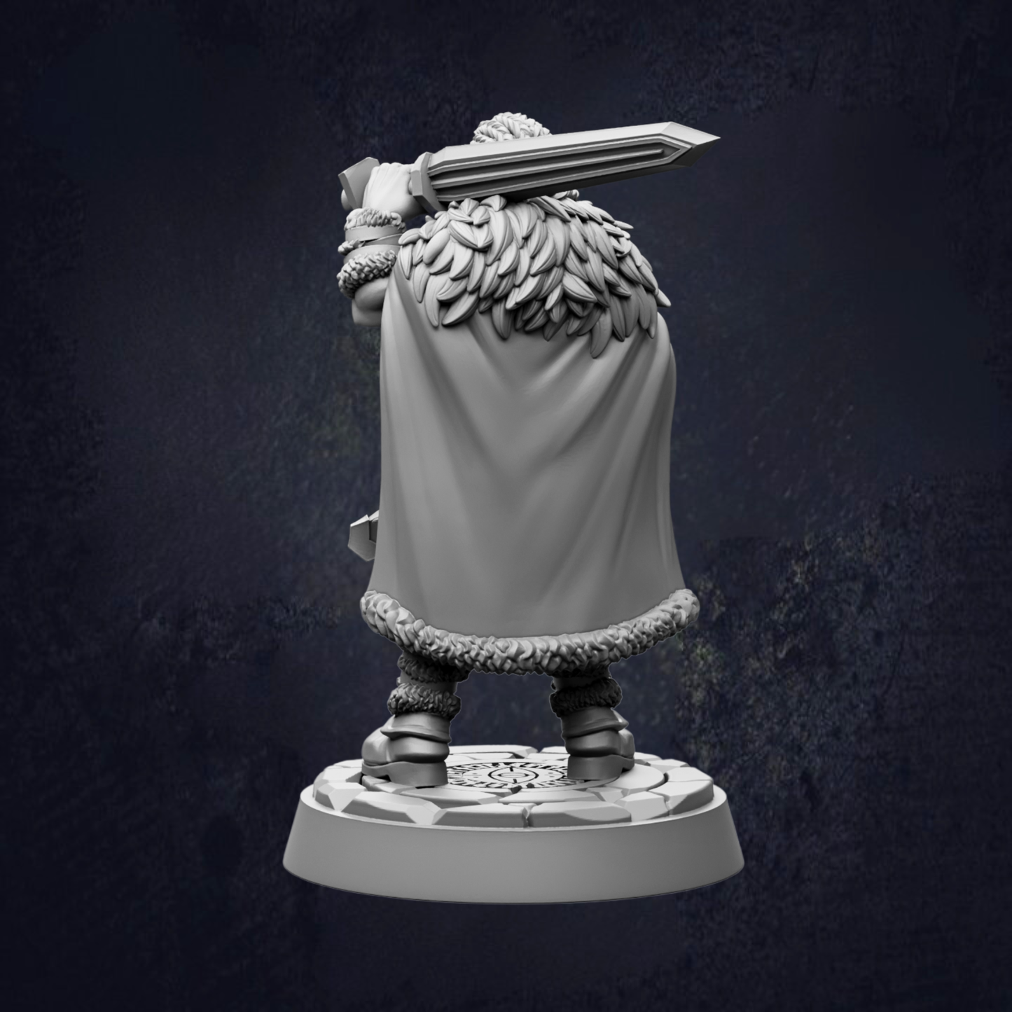 A statue of a person wearing a fur-lined cloak and holding a sword, standing on a platform against a dark background.