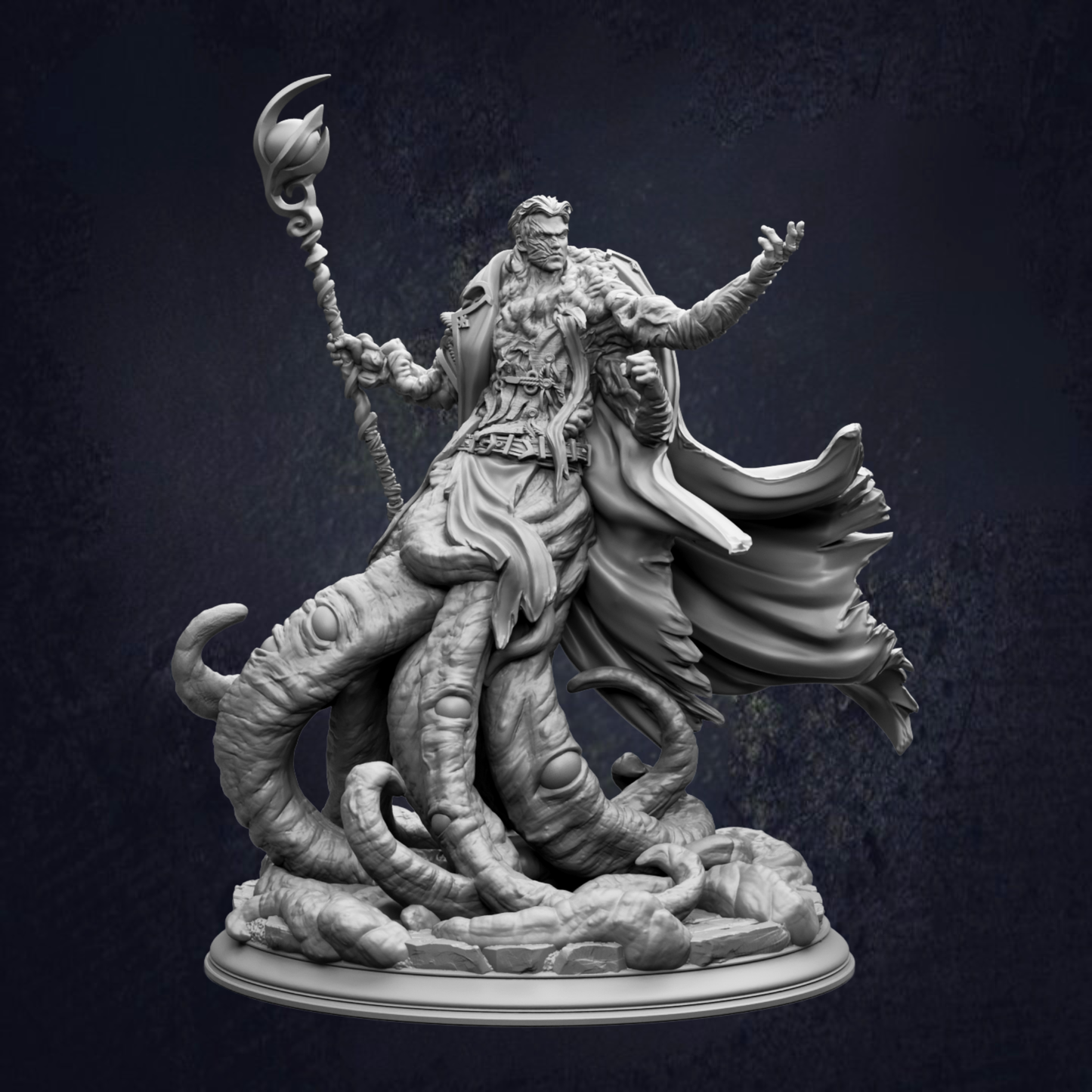 A detailed 3D model of a fantastical creature, possibly a mythical or magical being, with intricate details and flowing robes.