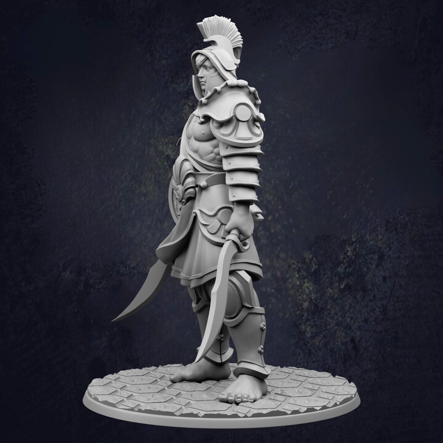 A detailed 3D model of a warrior figure, standing in a defensive stance and holding a sword in each hand.