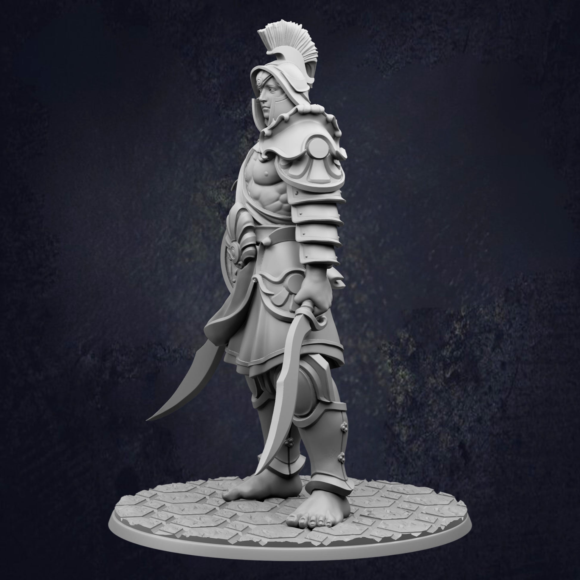 A detailed 3D model of a warrior figure, standing in a defensive stance and holding a sword in each hand.