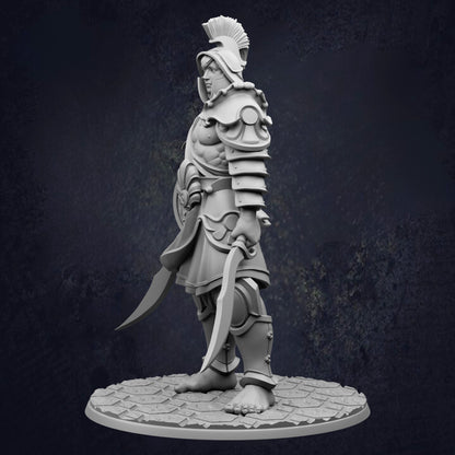 A detailed 3D model of a warrior figure, standing in a defensive stance and holding a sword in each hand.