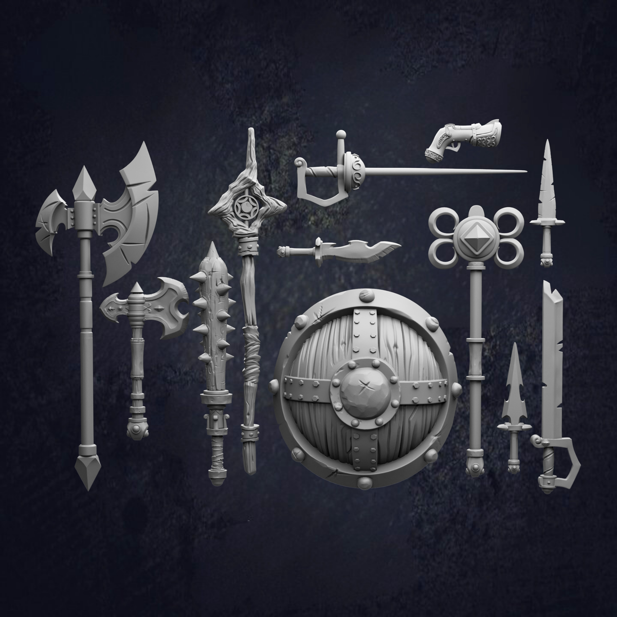 A collection of various fantasy weapons and armor pieces, including swords, spears, shields, and other combat-related items, arranged against a dark background.