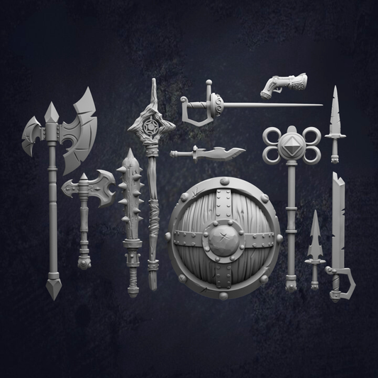 A collection of various fantasy weapons and armor pieces, including swords, spears, shields, and other combat-related items, arranged against a dark background.