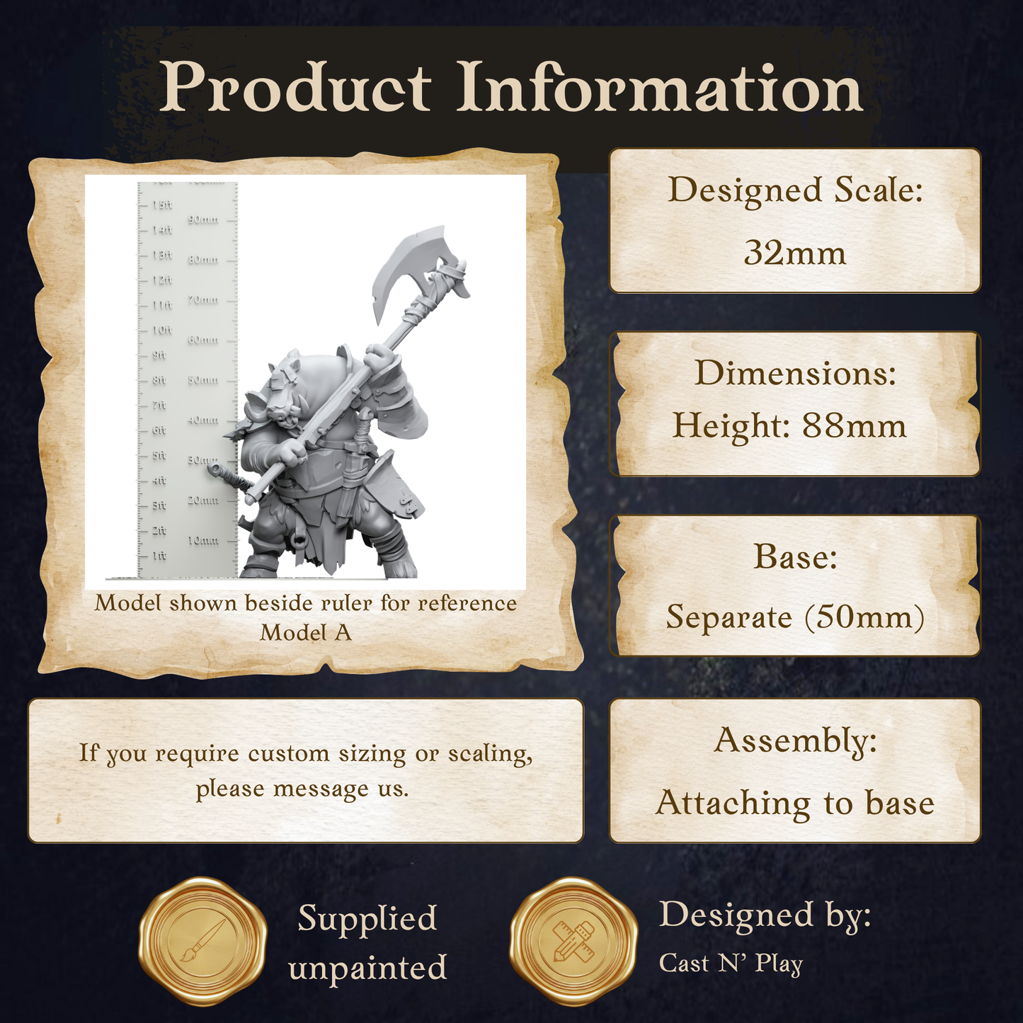 The image is a product information display featuring a model of a character, likely for a tabletop or tabletop role-playing game. The display includes dimensions, assembly instructions, and information about the supply status.