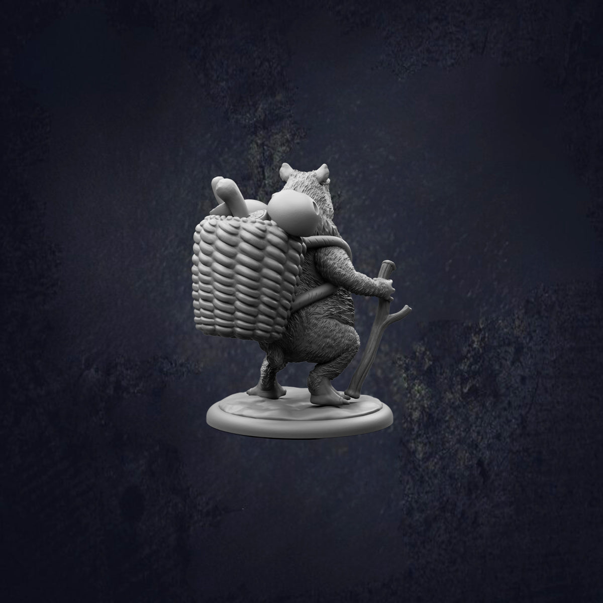 A 3D model of a bear carrying a basket on its back, standing on a platform against a dark background.