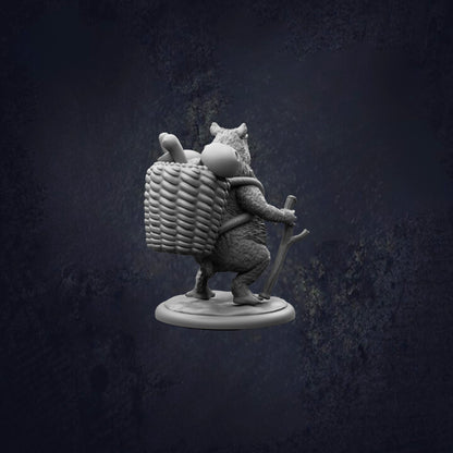A 3D model of a bear carrying a basket on its back, standing on a platform against a dark background.