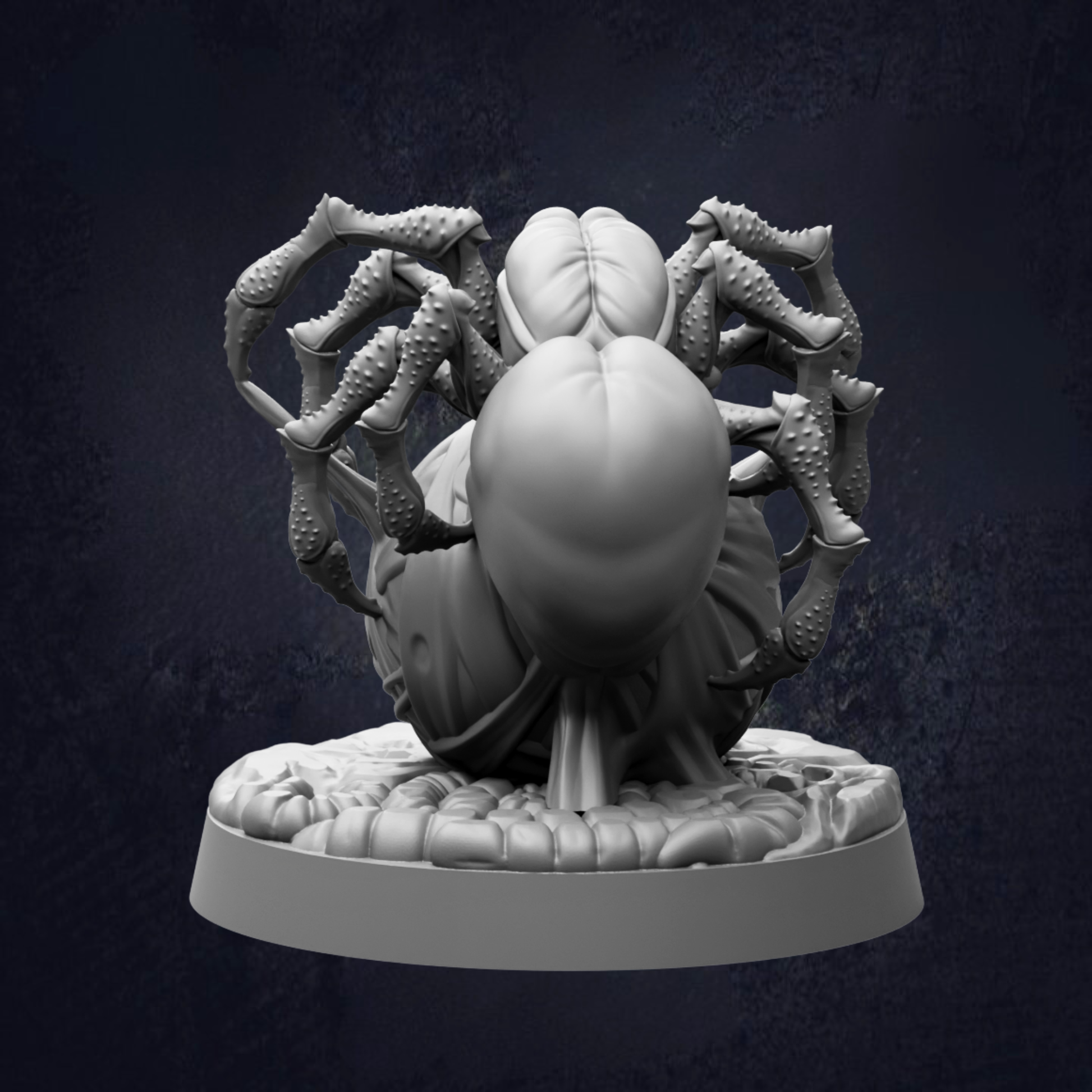 A detailed 3D rendering of a large, intricate spider with multiple legs and a round body, set against a dark background.