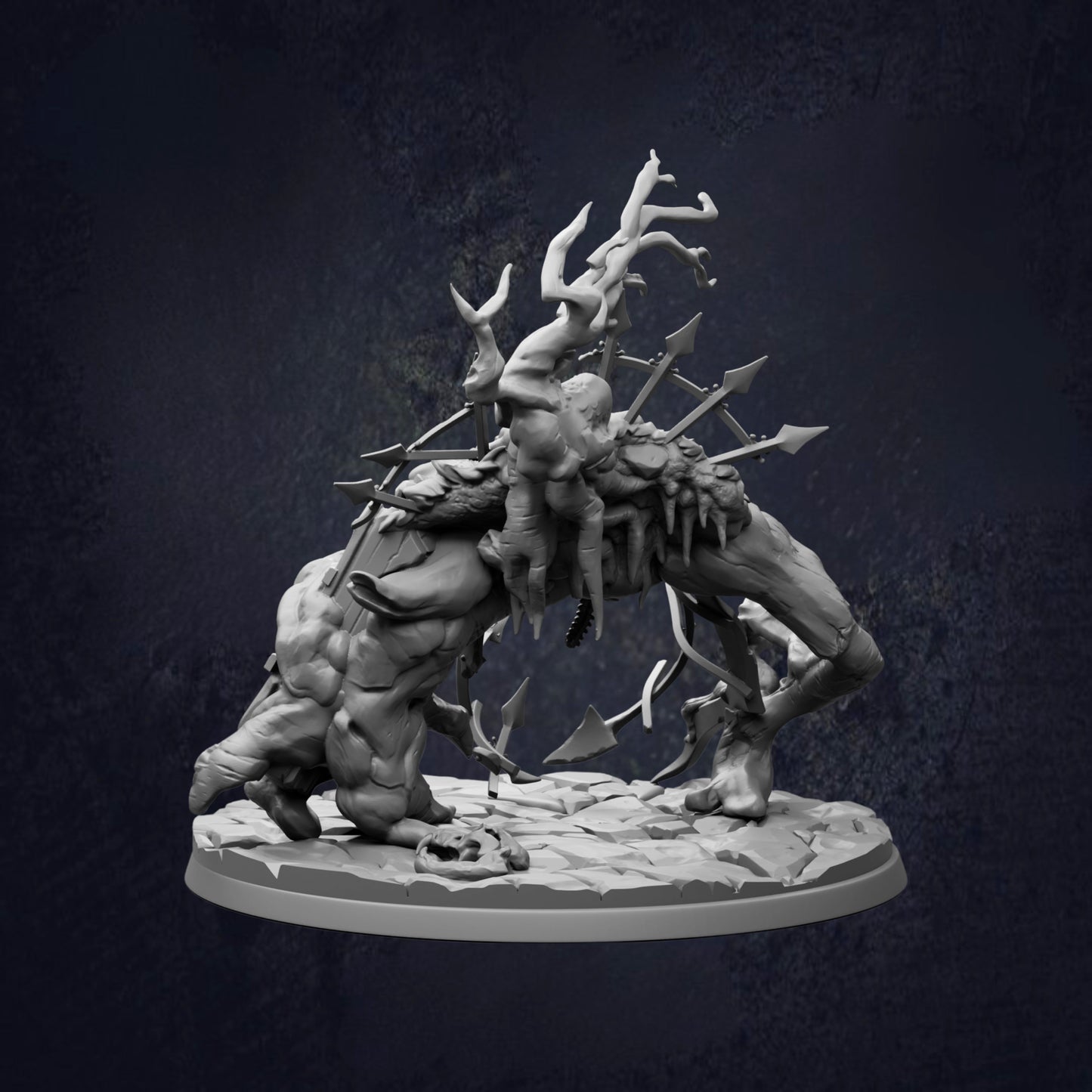 A dark, ominous statue depicting a twisted, monstrous creature with sharp teeth and claws, surrounded by a chaotic arrangement of other figures.