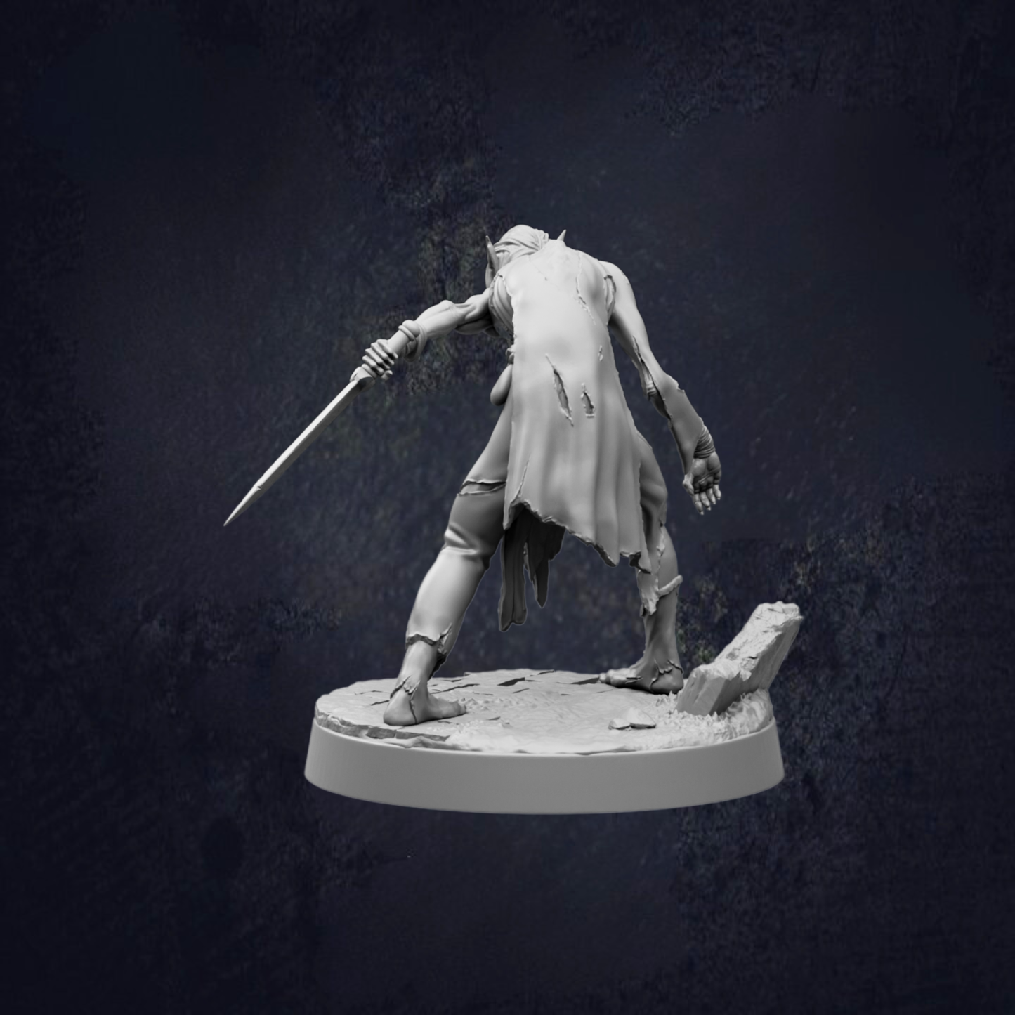 A 3D model of a warrior figure holding a sword, standing on a rocky platform against a dark background.