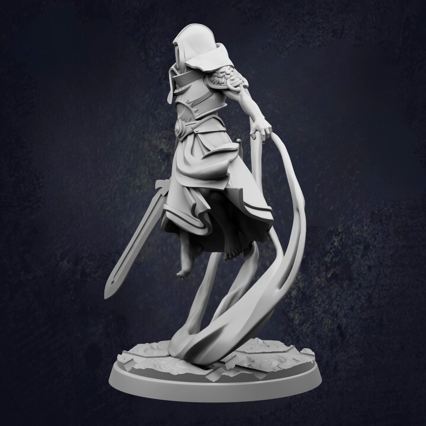 A 3D rendering of a knight figure in a dynamic pose, holding a sword and standing on a platform.
