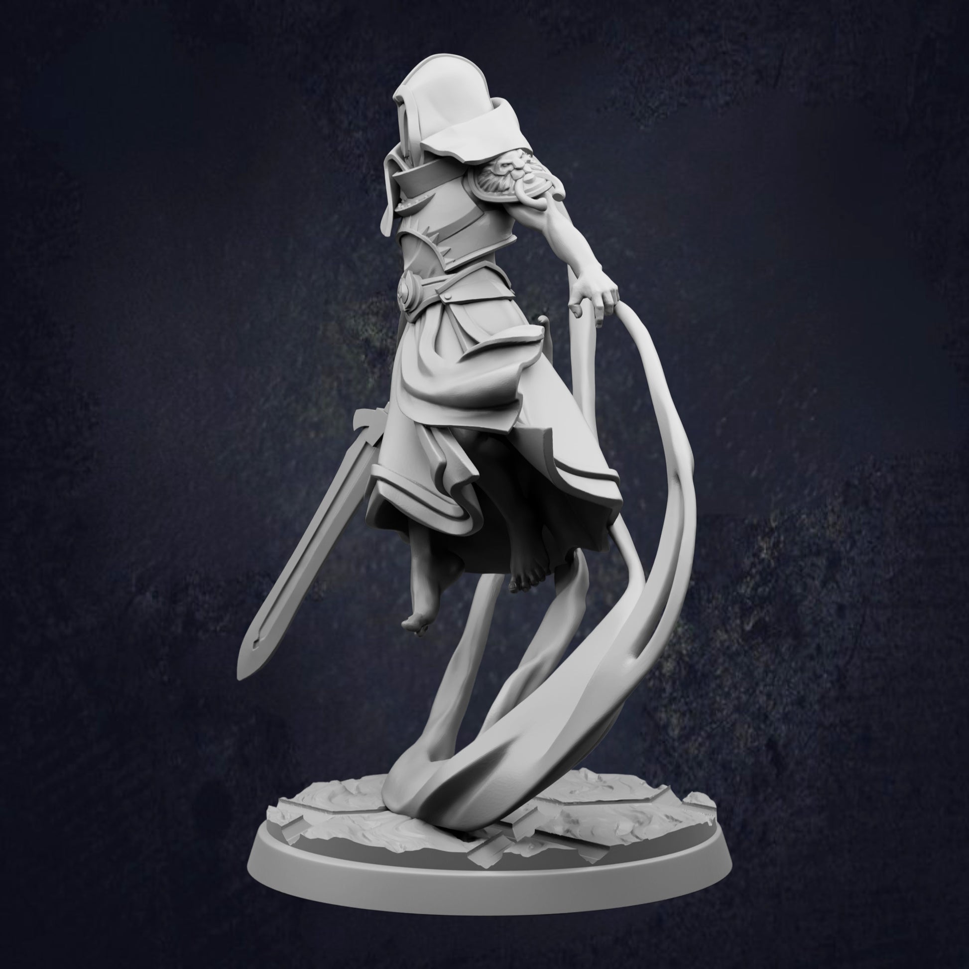 A 3D rendering of a knight figure in a dynamic pose, holding a sword and standing on a platform.