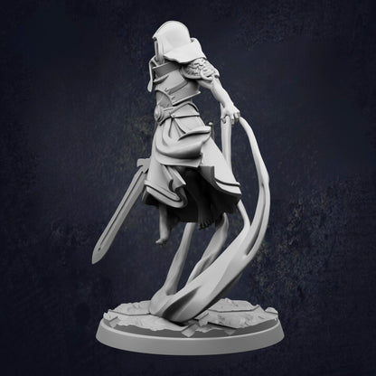 A 3D rendering of a knight figure in a dynamic pose, holding a sword and standing on a platform.