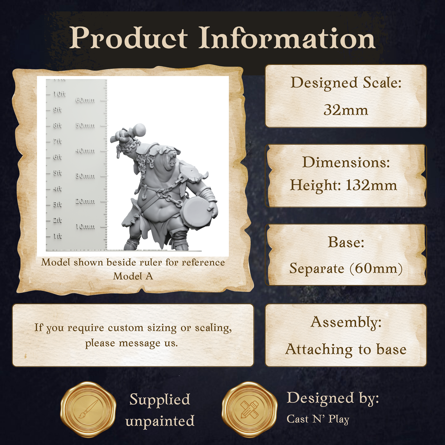 The image is a product information display featuring a model of a character, likely from a video game or other digital media. The model is shown beside a ruler for reference, and it is designed to be used separately, with a height of 32mm. The dimensions of the model are 6.5mm x 6.5mm x 6.5mm. The base of the model is described as a separate (60mm) and is designed by Cast N' Play. The image is not a collage of multiple images, and it does not include any text.