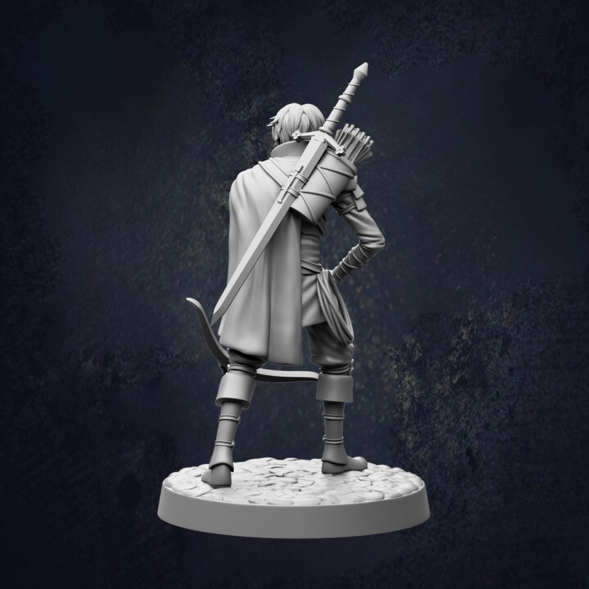 A black and white image depicting a figure holding a sword and bow, standing on a platform against a dark background.