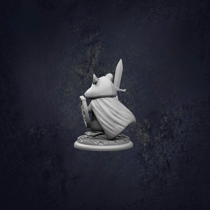 A white figurine of a person holding a shield and sword, standing on a platform against a dark background.