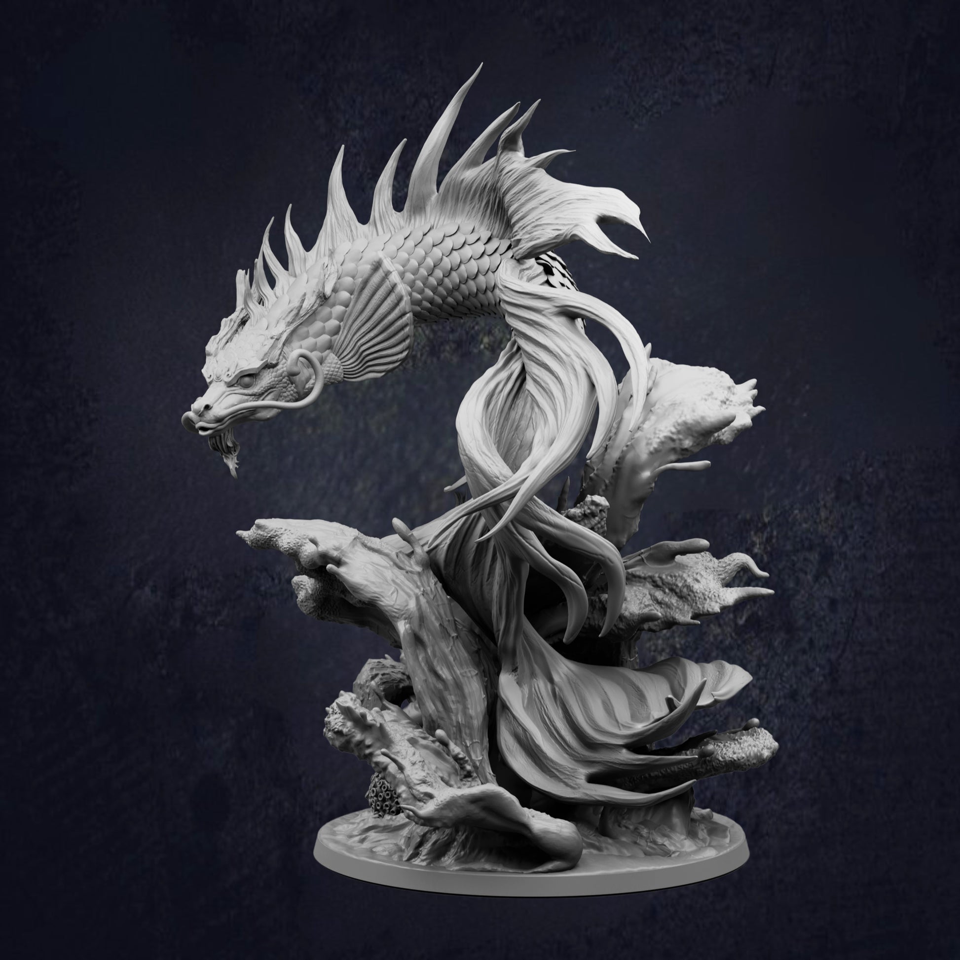 Side view of the Koi Dragon Gargantuan Ancient Water Dragon D&D RPG miniature, showing a serpentine dragon with flowing fins, whiskers and detailed scales rising from a rocky ocean base. 166mm tall on a 100mm base. Requires assembly.