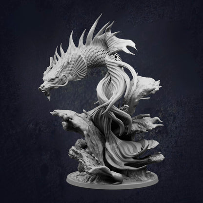 Side view of the Koi Dragon Gargantuan Ancient Water Dragon D&D RPG miniature, showing a serpentine dragon with flowing fins, whiskers and detailed scales rising from a rocky ocean base. 166mm tall on a 100mm base. Requires assembly.