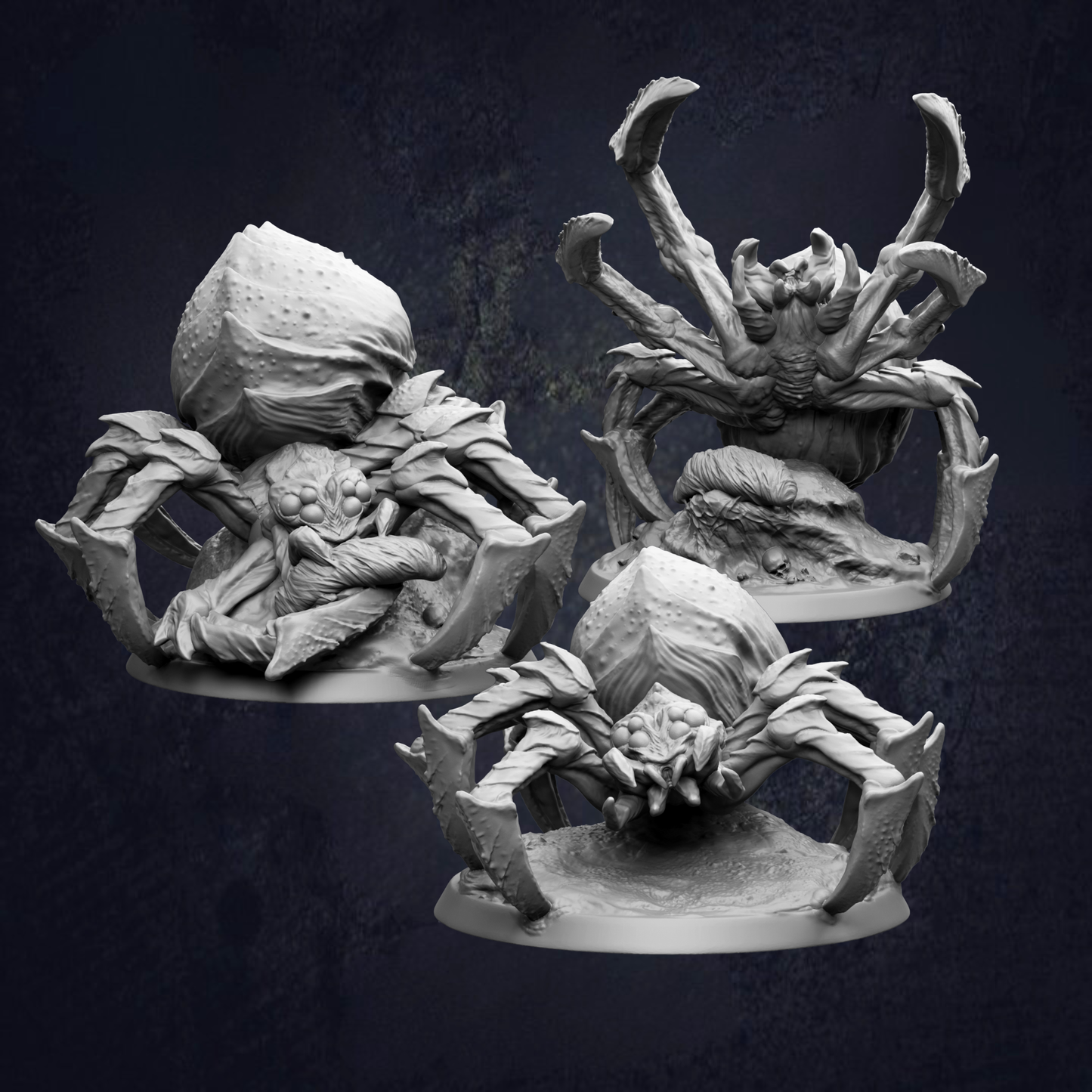 three detailed sculptures of large, intricate, and fantastical creatures, likely inspired by fantasy or science fiction themes.
