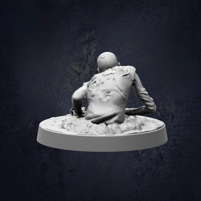 A white, 3D-rendered statue of a person sitting on a circular base against a dark background.