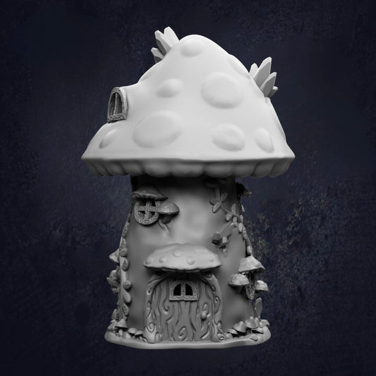 A whimsical, mushroom-shaped house with a pointed roof and various decorative elements, such as a small window and a door, set against a dark background.