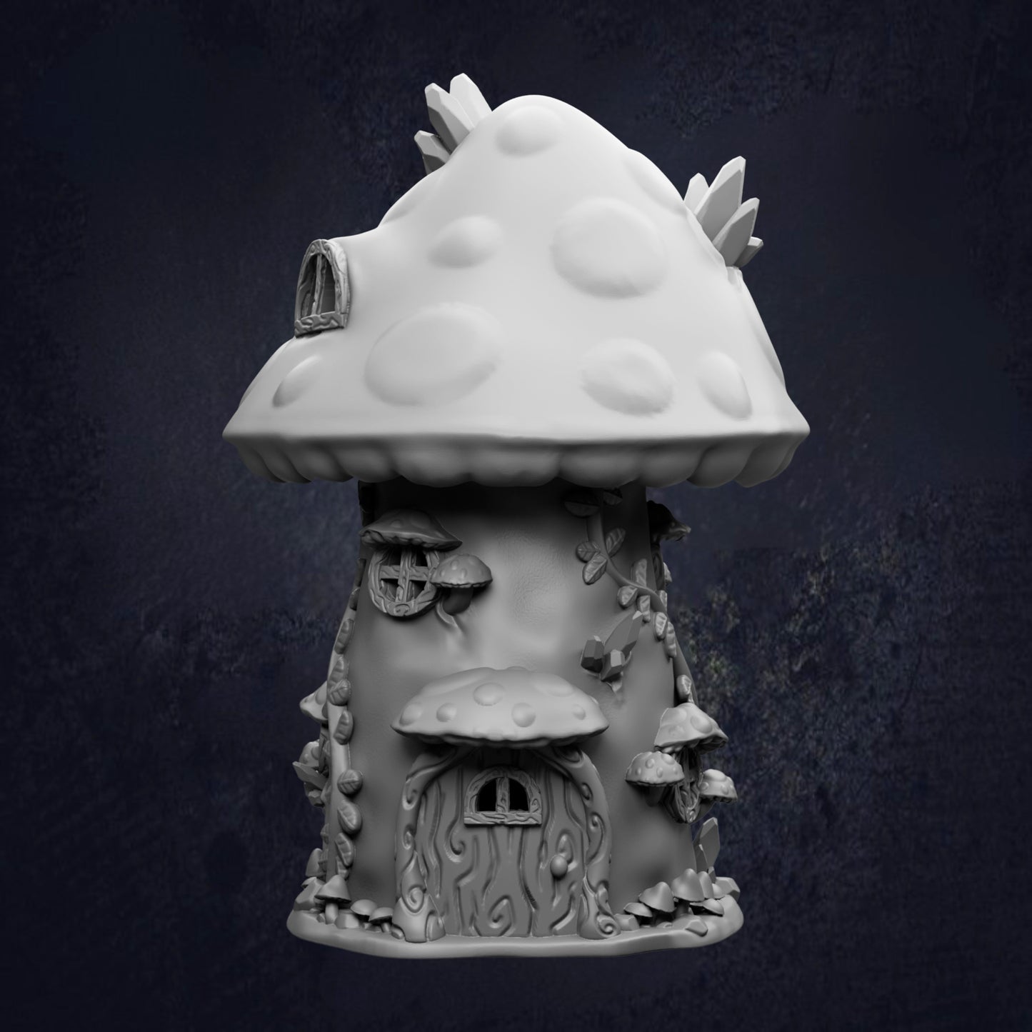 A whimsical, mushroom-shaped house with a pointed roof and various decorative elements, such as a small window and a door, set against a dark background.