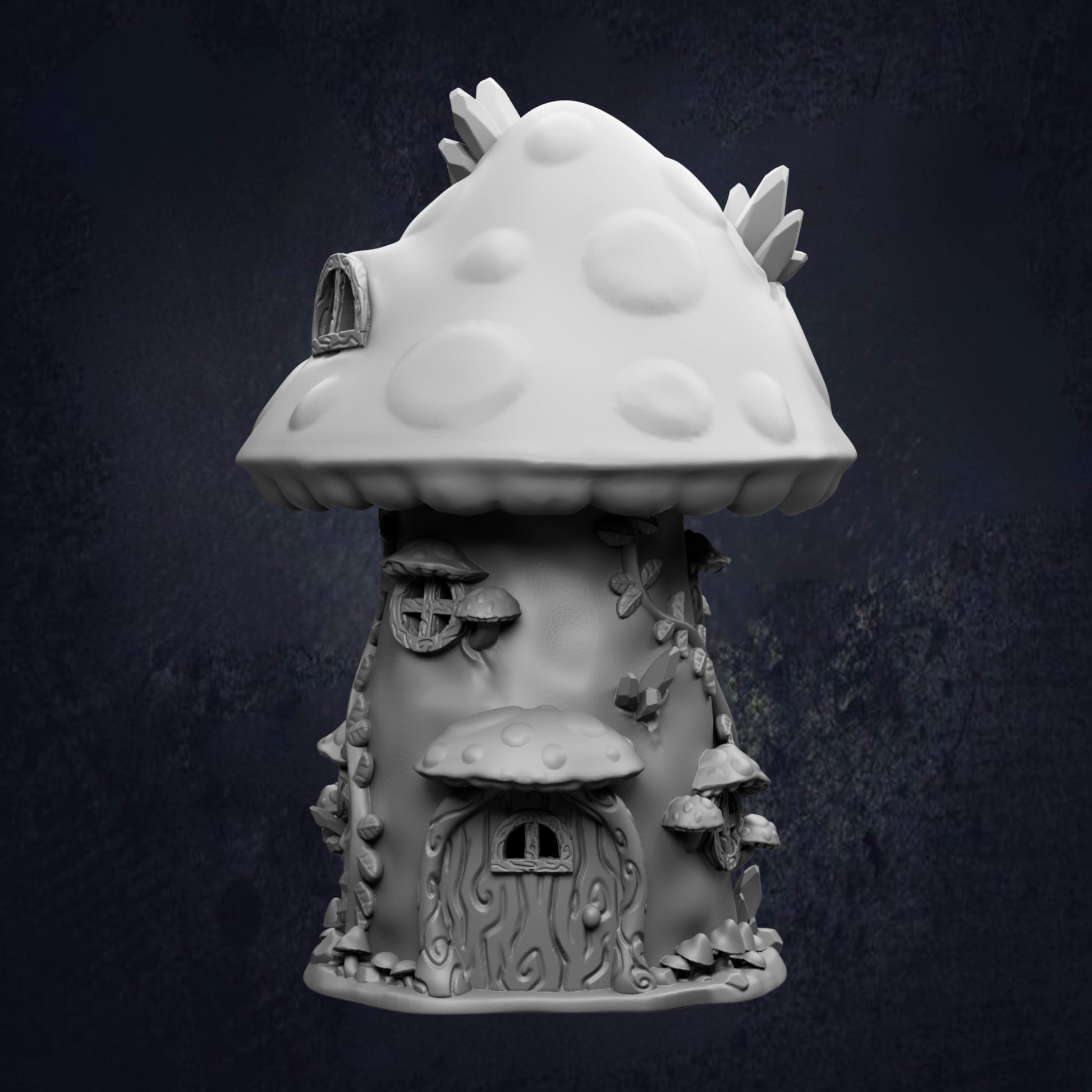 A whimsical, mushroom-shaped house with a pointed roof and various decorative elements, such as a small window and a door, set against a dark background.