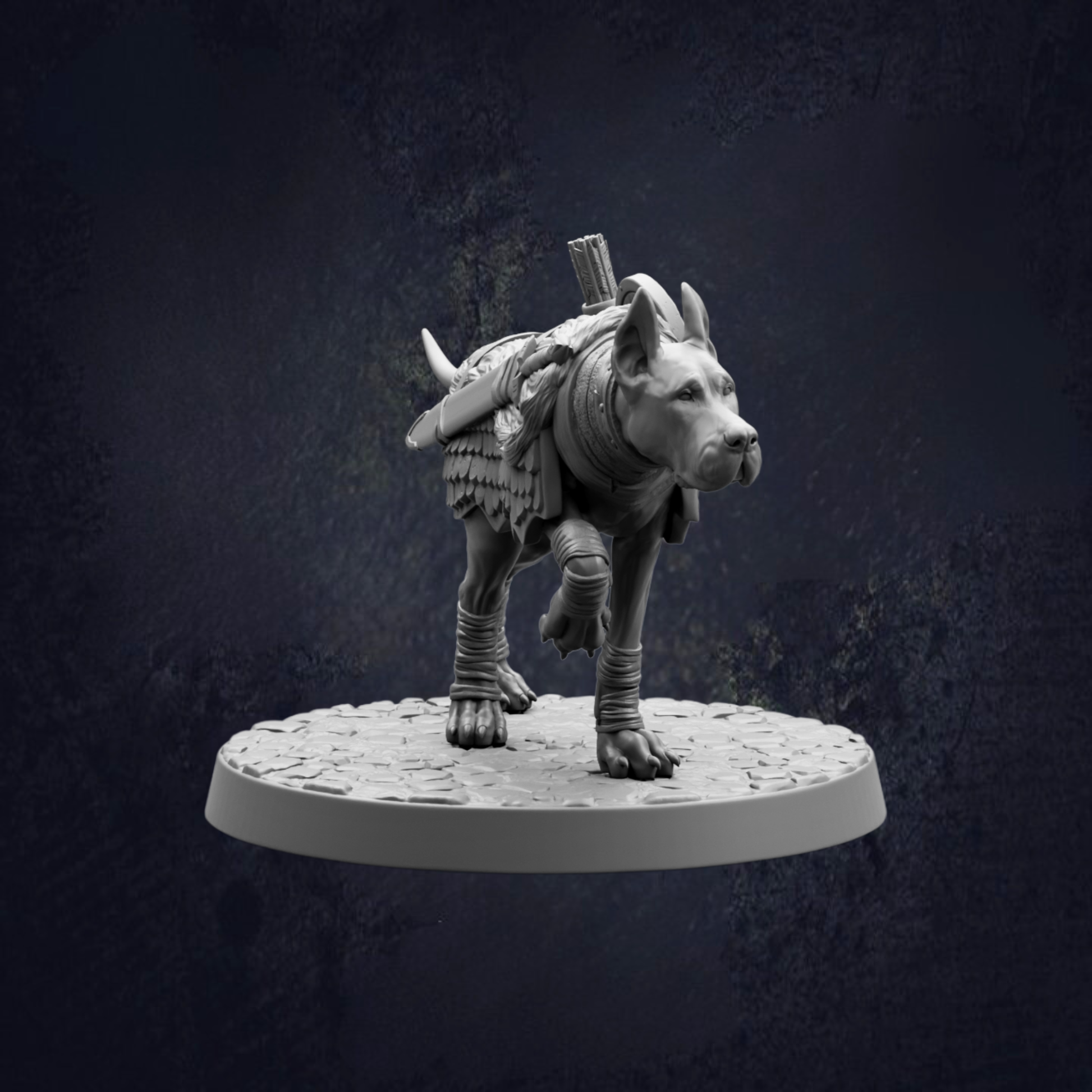 A small statue of a dog, possibly a wolf or a similar wild canine, standing on a circular base against a dark background.