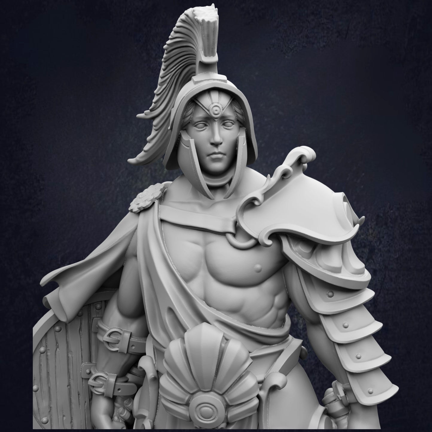 A detailed 3D model of a warrior figure, wearing a helmet with a plume and holding a shield, standing against a dark background.