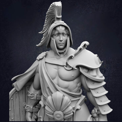A detailed 3D model of a warrior figure, wearing a helmet with a plume and holding a shield, standing against a dark background.