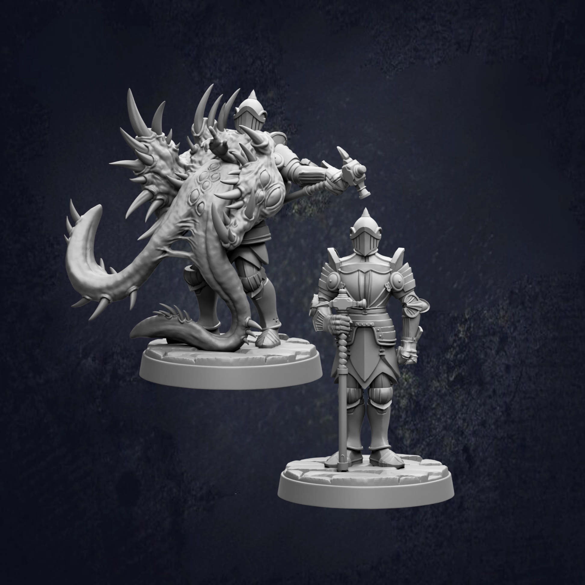 two figurines, one larger and one smaller, both with armor and weapons, set against a dark background.