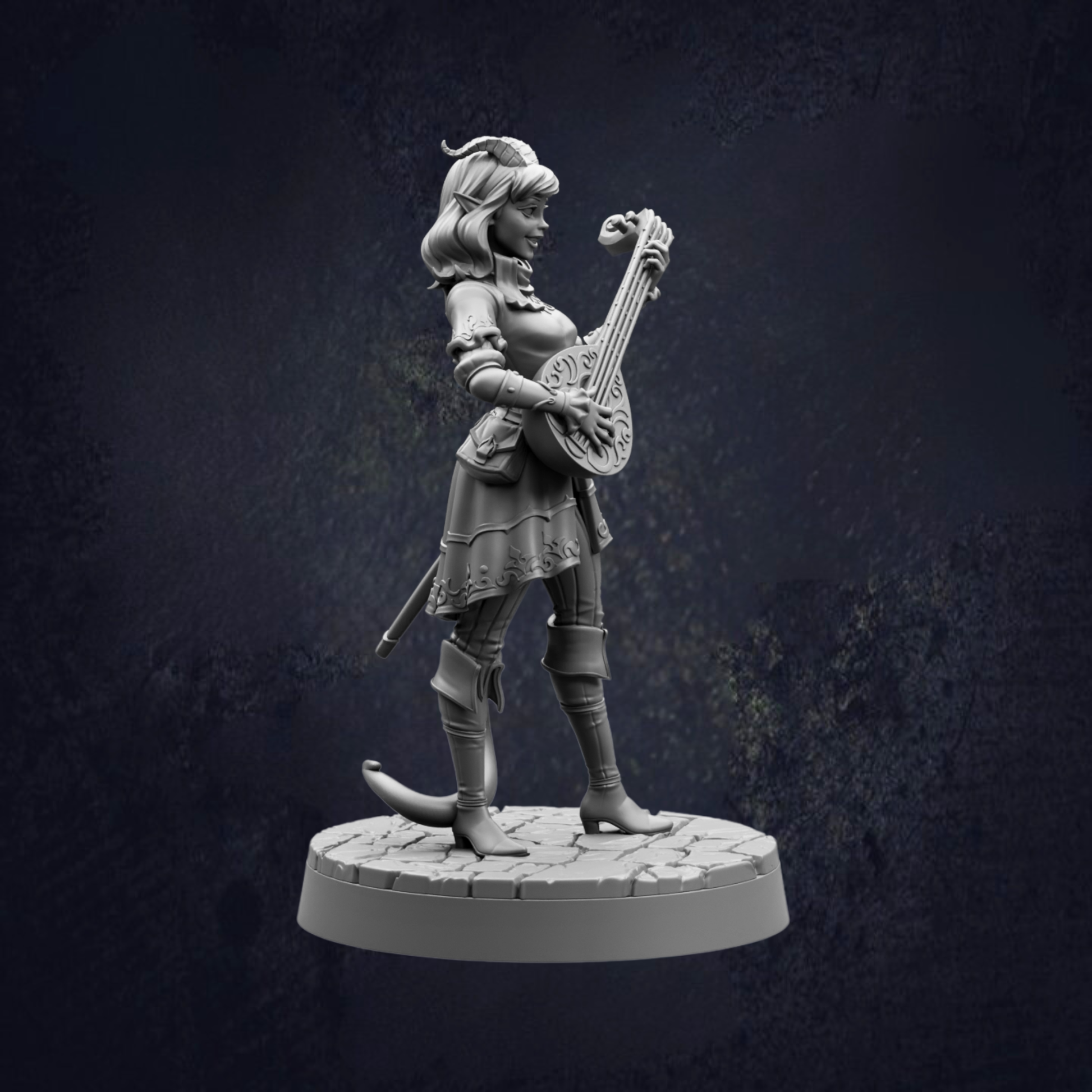 A statue of a woman playing a lute, standing on a pedestal against a dark background.