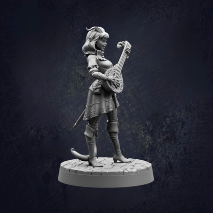 A statue of a woman playing a lute, standing on a pedestal against a dark background.