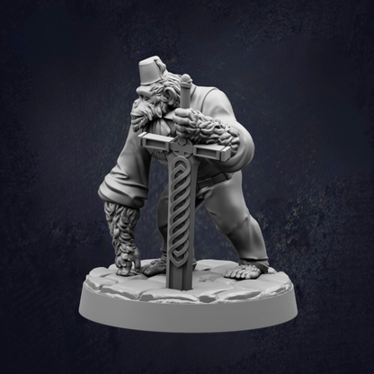 A 3D model of a character holding a sword, standing on a platform.