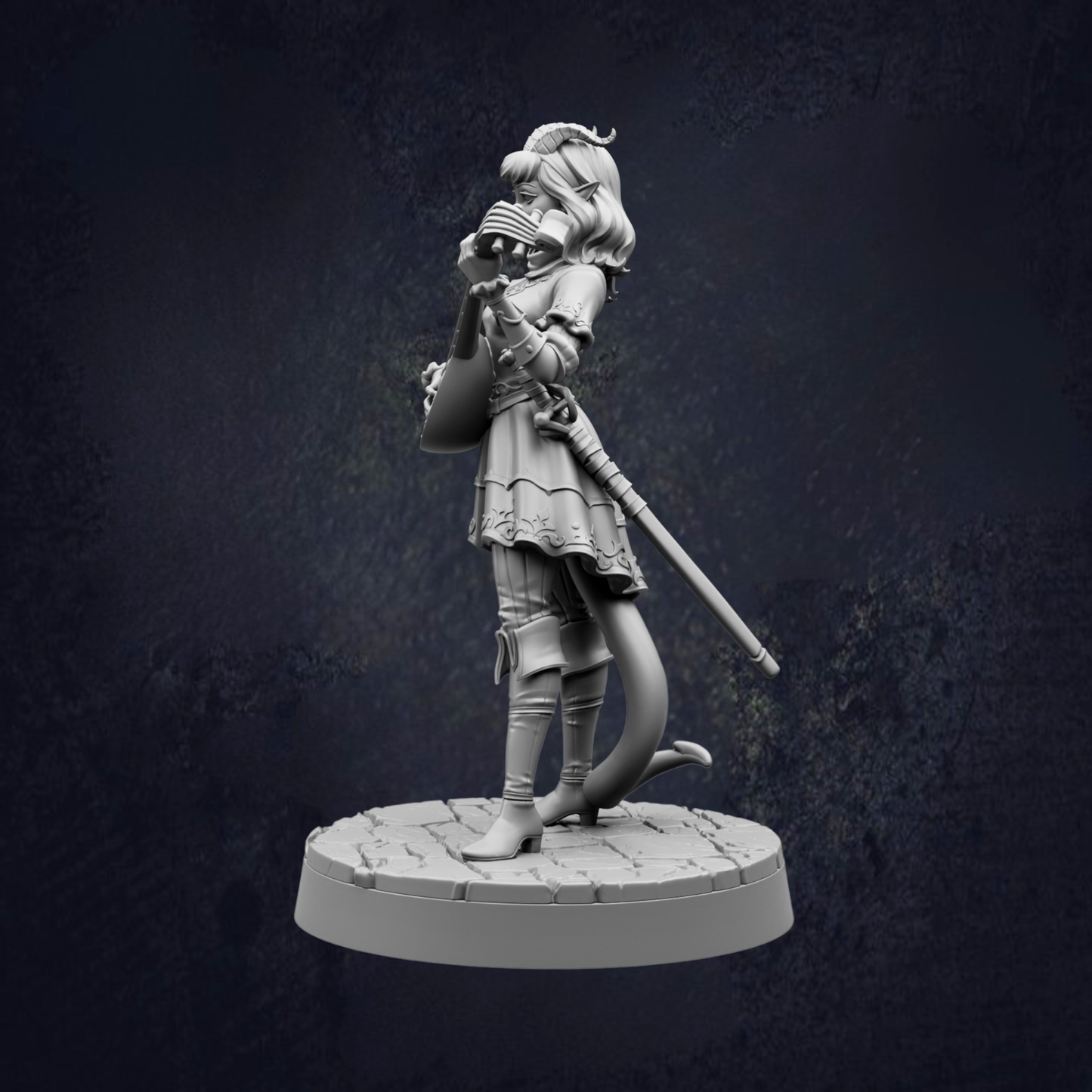 A 3D model of a female character with a sword and a bag, standing on a pedestal against a dark background.
