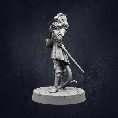 A 3D model of a female character with a sword and a bag, standing on a pedestal against a dark background.