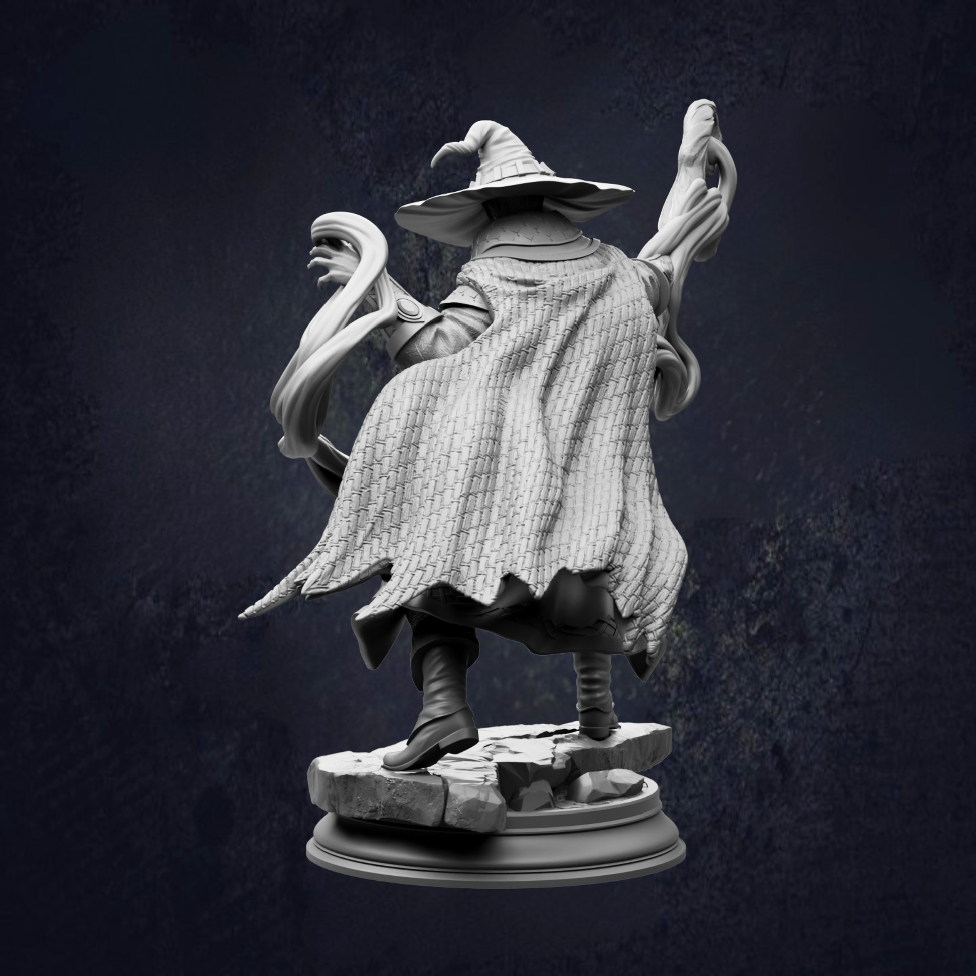 A black and white image depicting a figure in a wizard's hat and robe, holding a staff and appearing to be in a magical or mystical pose.