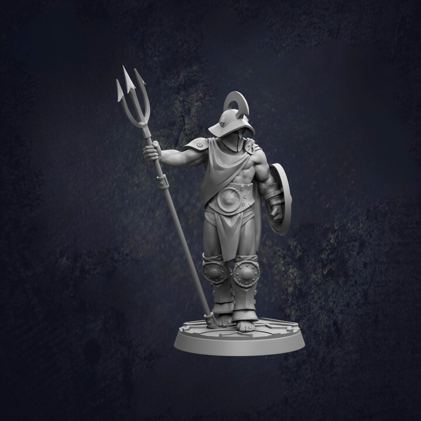 A statue of a muscular man holding a trident and shield, standing on a platform against a dark background.